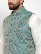 Jompers Men Solid Dupion Kurta Pajama with Woven Jacquard Waistcoat (Green)