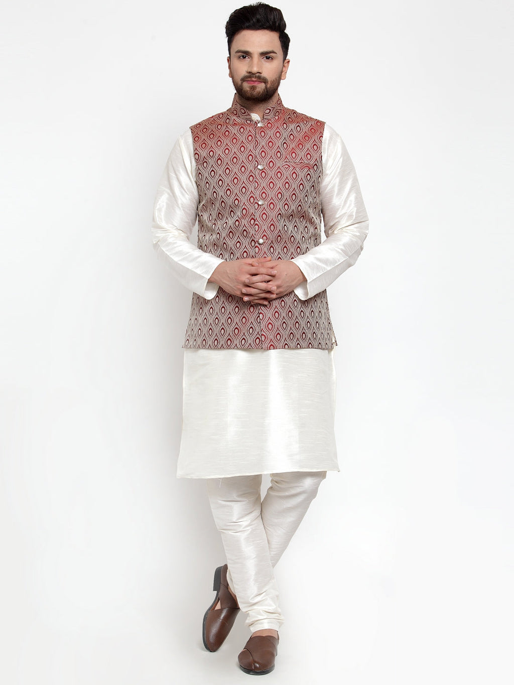 Jompers Men's Solid Dupion Kurta Pajama with Woven Jacquard Maroon Waistcoat