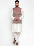 Jompers Men's Solid Dupion Kurta Pajama with Woven Jacquard Maroon Waistcoat