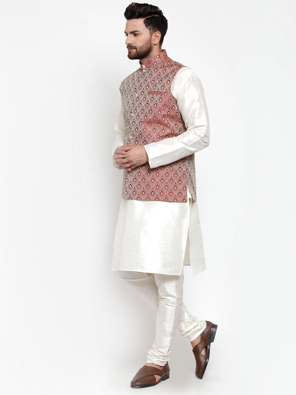 Jompers Men's Solid Dupion Kurta Pajama with Woven Jacquard Maroon Waistcoat