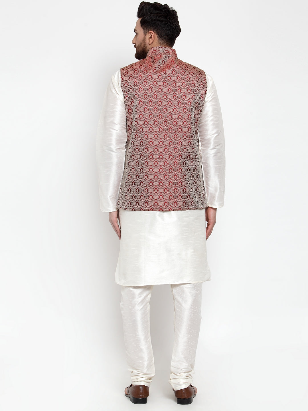 Jompers Men's Solid Dupion Kurta Pajama with Woven Jacquard Maroon Waistcoat