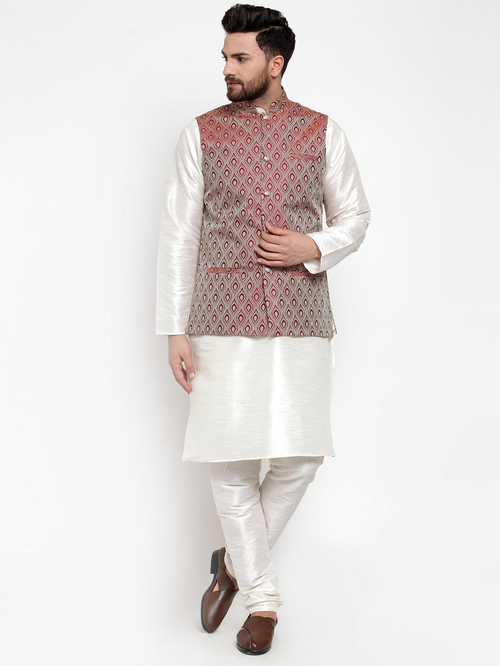 Jompers Men's Solid Dupion Kurta Pajama with Woven Jacquard Maroon Waistcoat
