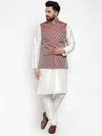 Jompers Men's Solid Dupion Kurta Pajama with Woven Jacquard Maroon Waistcoat