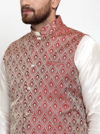 Jompers Men's Solid Dupion Kurta Pajama with Woven Jacquard Maroon Waistcoat
