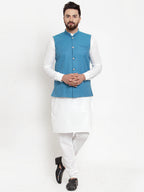 Jompers Men's Solid Cotton Kurta Pajama with Woven Jacquard Waistcoat (Green)