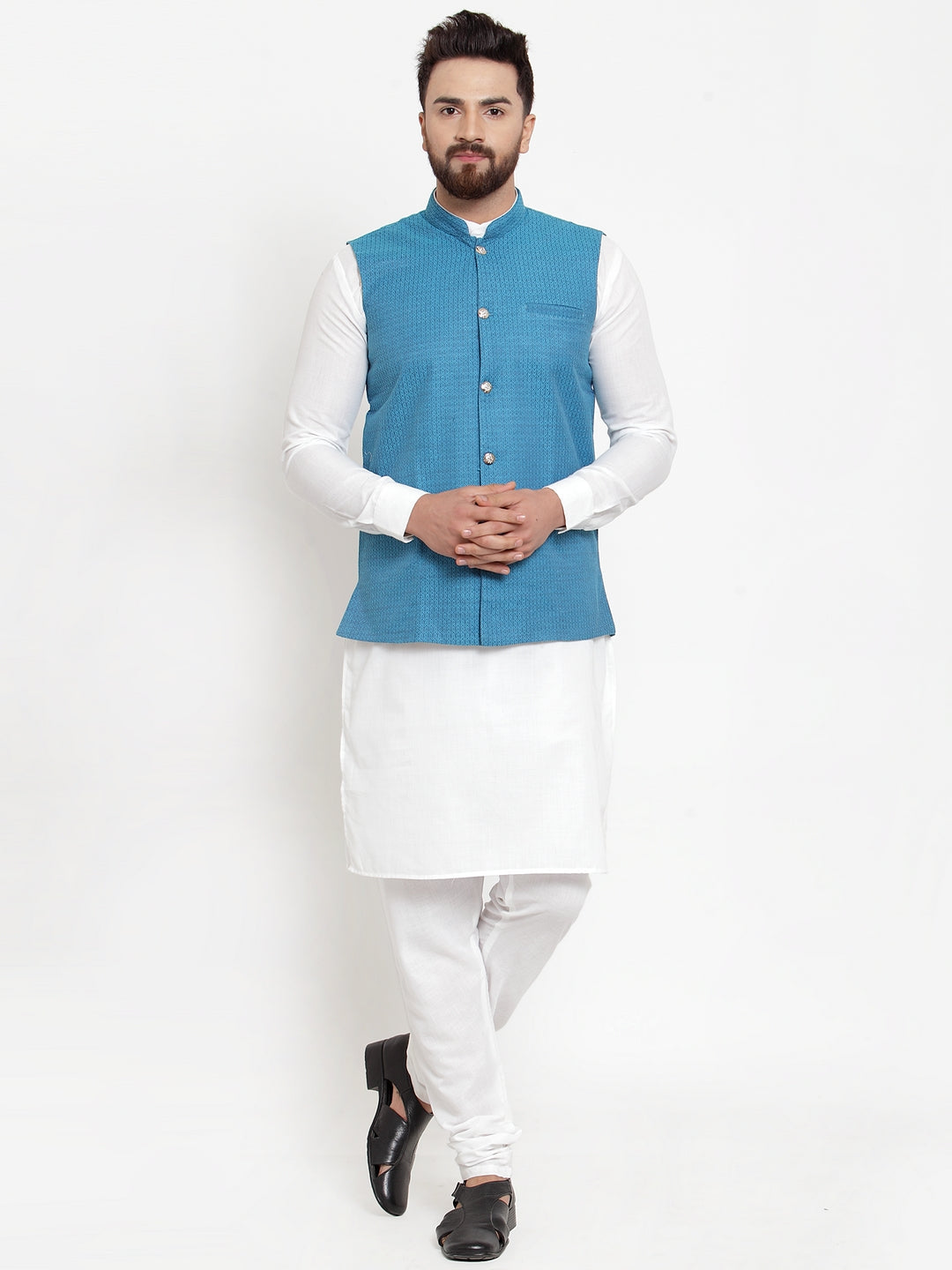 Jompers Men's Solid Cotton Kurta Pajama with Woven Jacquard Waistcoat (Green)
