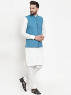 Jompers Men's Solid Cotton Kurta Pajama with Woven Jacquard Waistcoat (Green)
