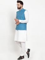 Jompers Men's Solid Cotton Kurta Pajama with Woven Jacquard Waistcoat (Green)