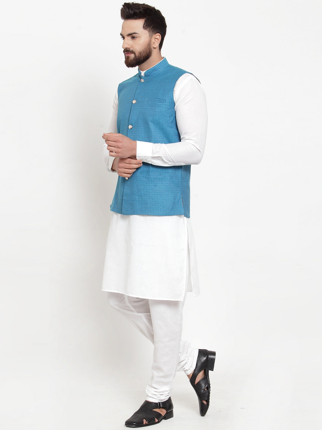Jompers Men's Solid Cotton Kurta Pajama with Woven Jacquard Waistcoat (Green)