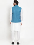 Jompers Men's Solid Cotton Kurta Pajama with Woven Jacquard Waistcoat (Green)