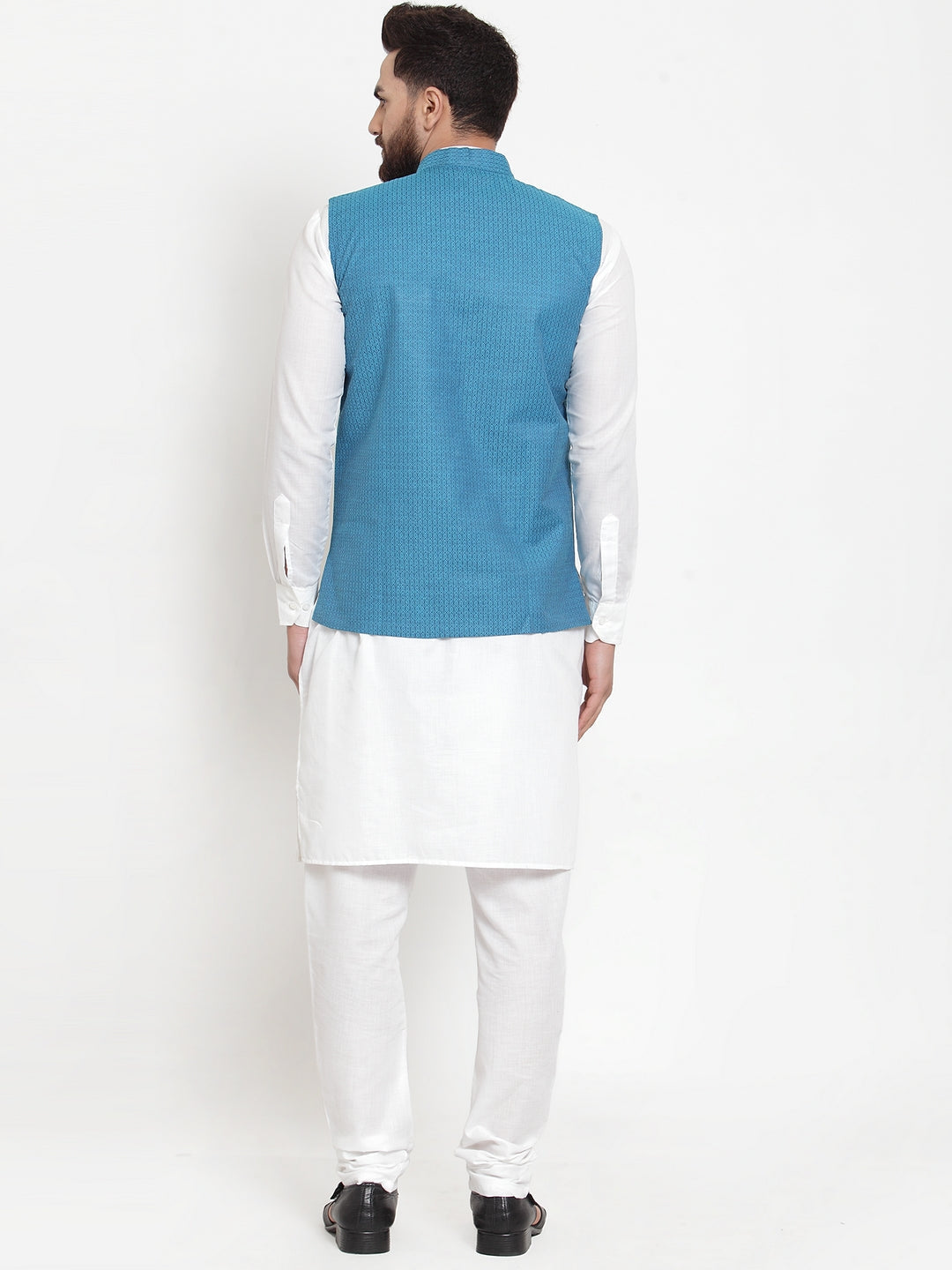 Jompers Men's Solid Cotton Kurta Pajama with Woven Jacquard Waistcoat (Green)