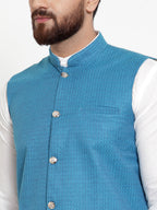 Jompers Men's Solid Cotton Kurta Pajama with Woven Jacquard Waistcoat (Green)