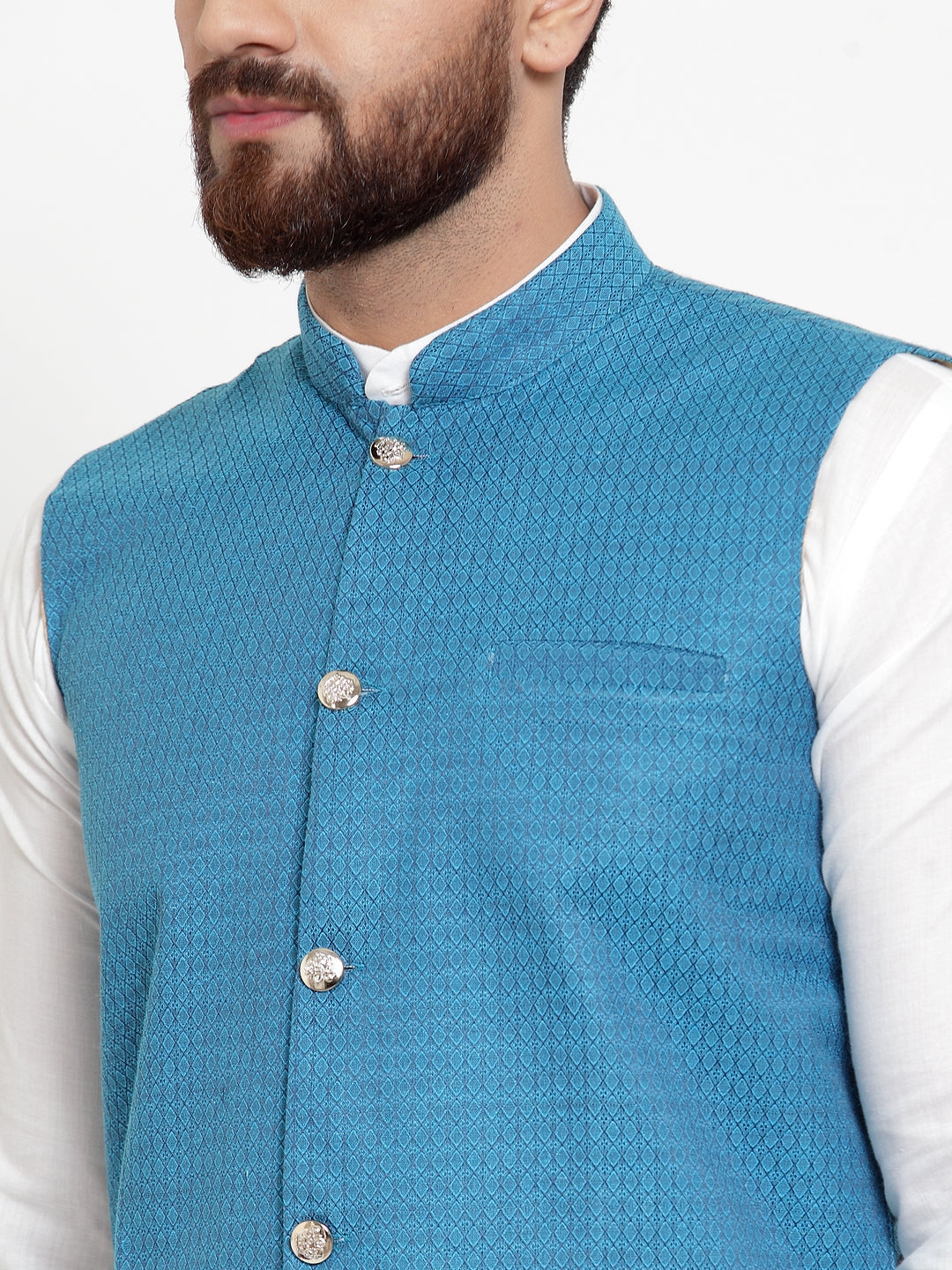 Jompers Men's Solid Cotton Kurta Pajama with Woven Jacquard Waistcoat (Green)