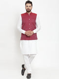 Jompers Men's Solid Cotton Kurta Pajama with Woven Jacquard Waistcoat (Maroon) - Distacart