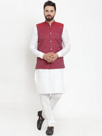 Jompers Men's Solid Cotton Kurta Pajama with Woven Jacquard Waistcoat (Maroon) - Distacart