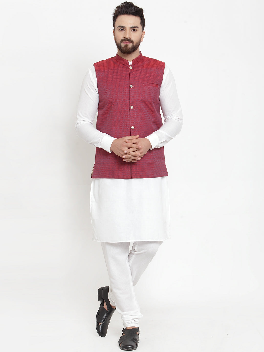 Jompers Men's Solid Cotton Kurta Pajama with Woven Jacquard Waistcoat (Maroon) - Distacart