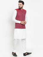 Jompers Men's Solid Cotton Kurta Pajama with Woven Jacquard Waistcoat (Maroon) - Distacart