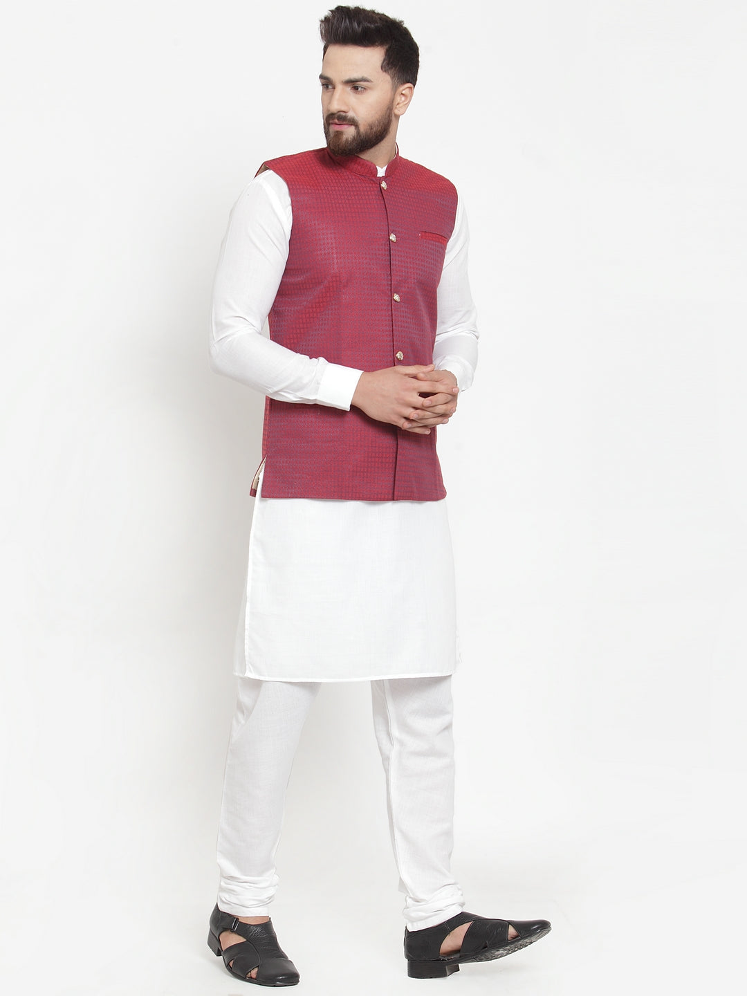 Jompers Men's Solid Cotton Kurta Pajama with Woven Jacquard Waistcoat (Maroon) - Distacart