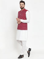 Jompers Men's Solid Cotton Kurta Pajama with Woven Jacquard Waistcoat (Maroon) - Distacart