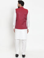 Jompers Men's Solid Cotton Kurta Pajama with Woven Jacquard Waistcoat (Maroon) - Distacart