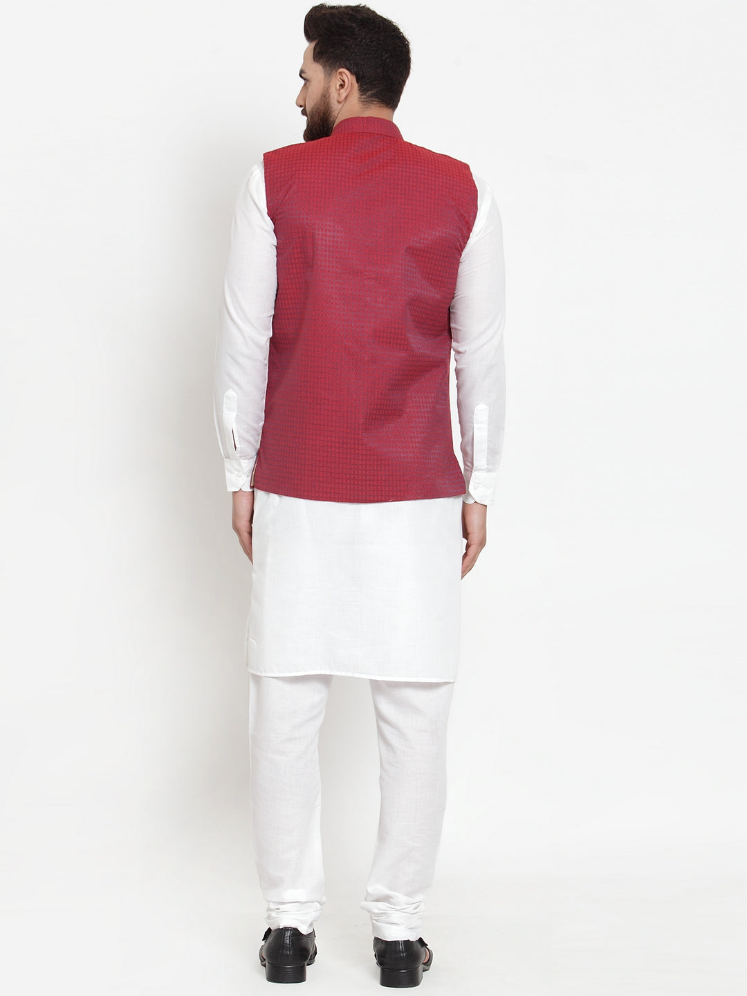 Jompers Men's Solid Cotton Kurta Pajama with Woven Jacquard Waistcoat (Maroon) - Distacart