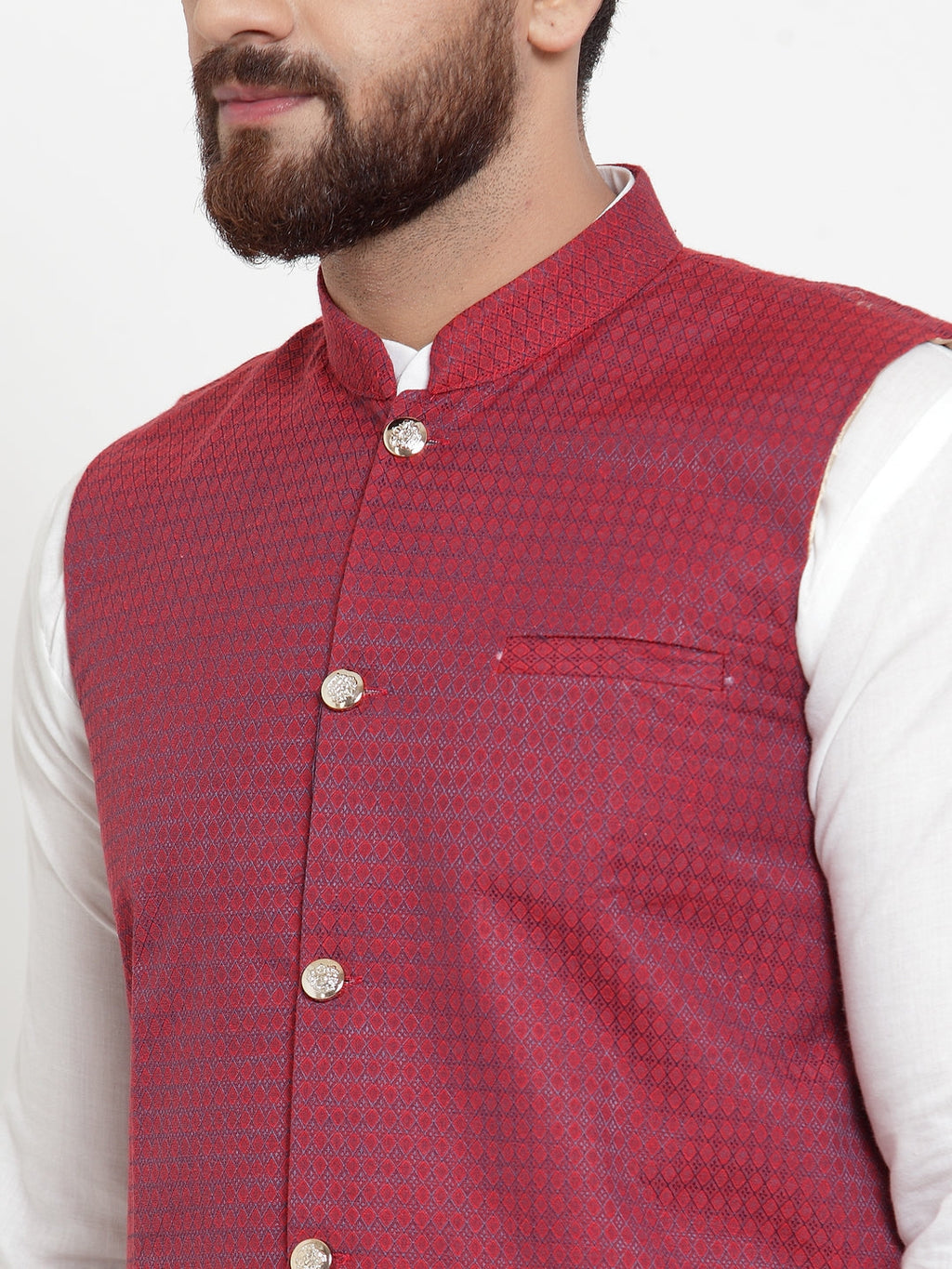Jompers Men's Solid Cotton Kurta Pajama with Woven Jacquard Waistcoat (Maroon) - Distacart