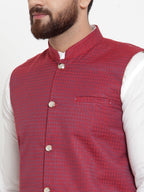 Jompers Men's Solid Cotton Kurta Pajama with Woven Jacquard Waistcoat (Maroon) - Distacart