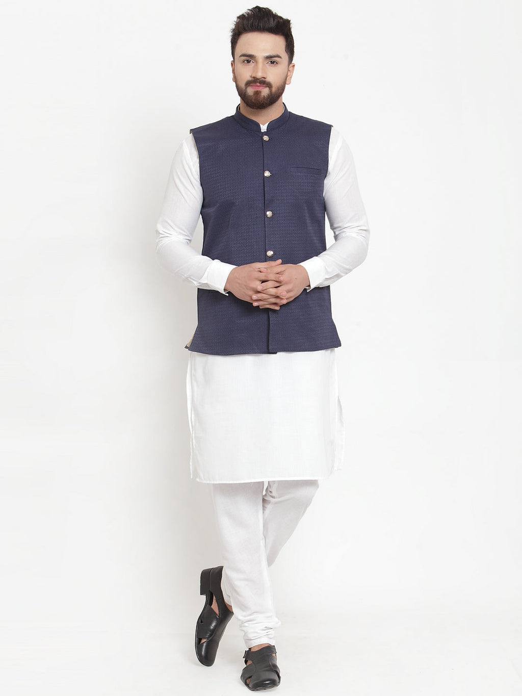 Jompers Men's Solid Cotton Kurta Pajama with Woven Jacquard Waistcoat (Navy) - Distacart