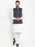 Jompers Men's Solid Cotton Kurta Pajama with Woven Jacquard Waistcoat (Navy) - Distacart