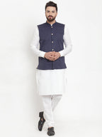 Jompers Men's Solid Cotton Kurta Pajama with Woven Jacquard Waistcoat (Navy) - Distacart
