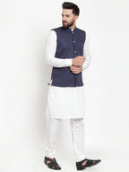 Jompers Men's Solid Cotton Kurta Pajama with Woven Jacquard Waistcoat (Navy) - Distacart