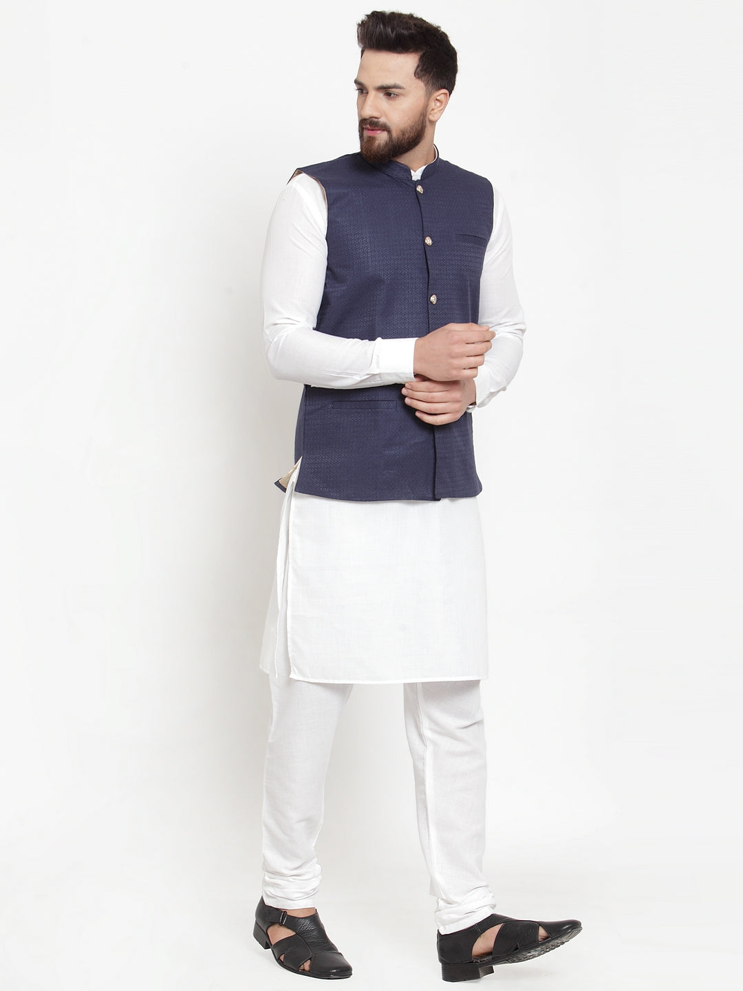 Jompers Men's Solid Cotton Kurta Pajama with Woven Jacquard Waistcoat (Navy) - Distacart