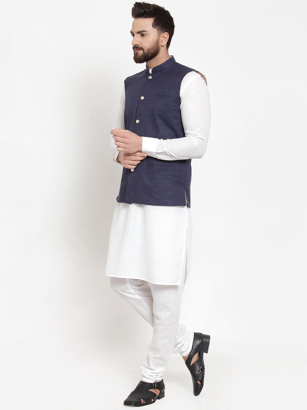 Jompers Men's Solid Cotton Kurta Pajama with Woven Jacquard Waistcoat (Navy) - Distacart