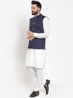 Jompers Men's Solid Cotton Kurta Pajama with Woven Jacquard Waistcoat (Navy) - Distacart