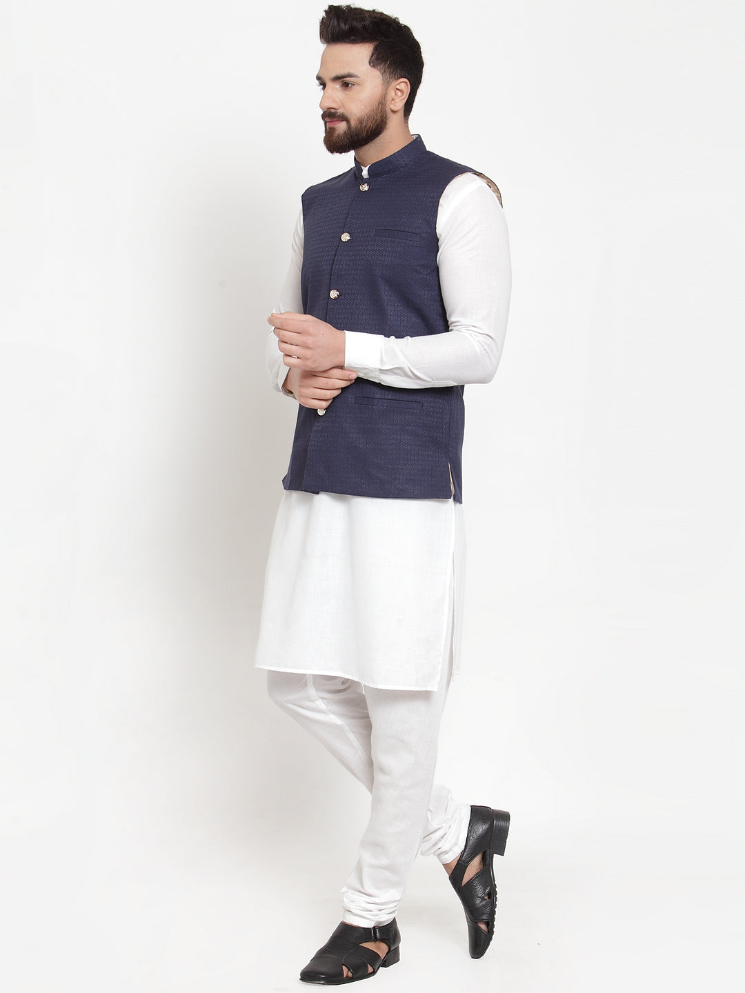 Jompers Men's Solid Cotton Kurta Pajama with Woven Jacquard Waistcoat (Navy) - Distacart