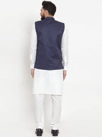 Jompers Men's Solid Cotton Kurta Pajama with Woven Jacquard Waistcoat (Navy) - Distacart