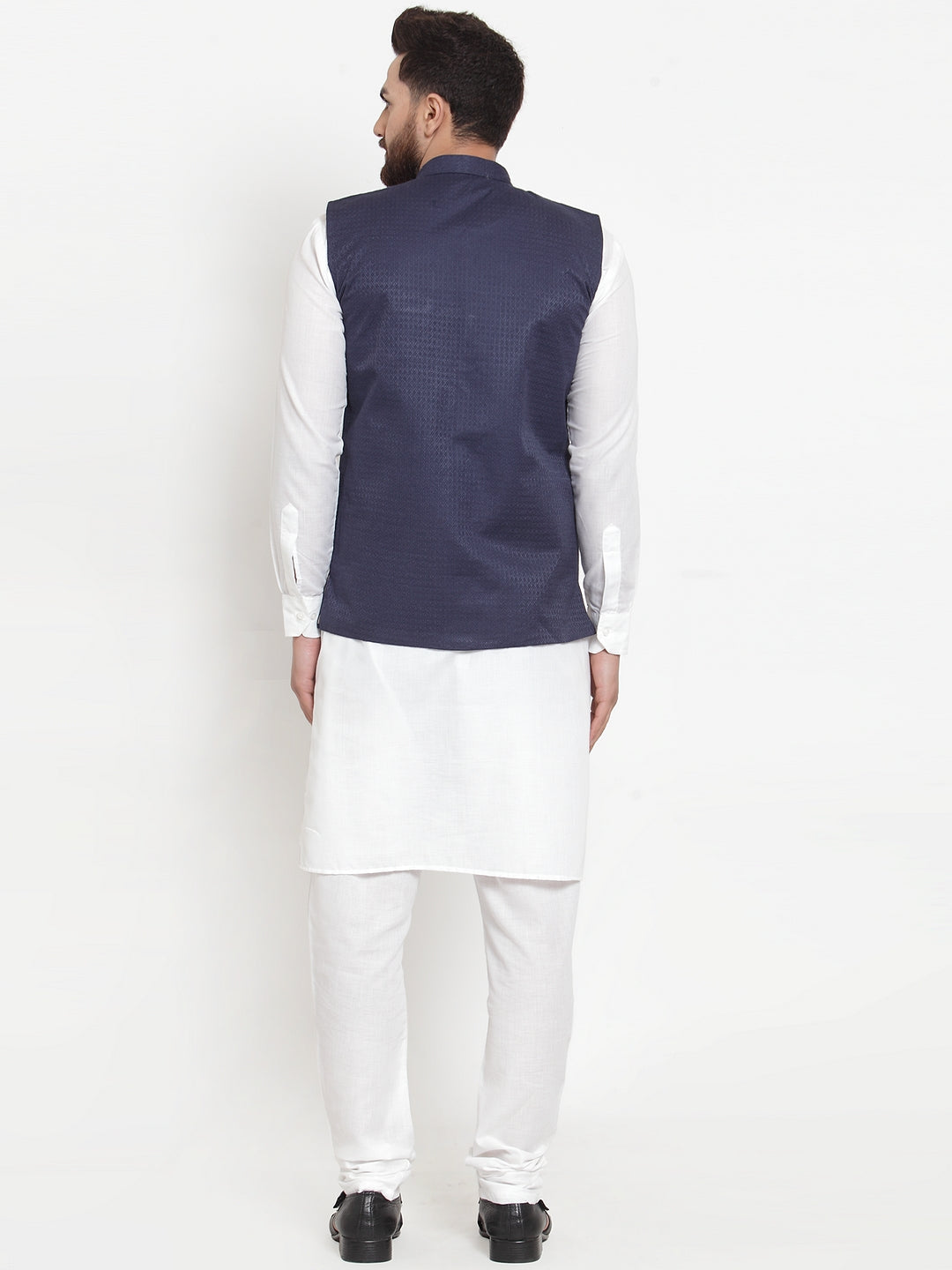 Jompers Men's Solid Cotton Kurta Pajama with Woven Jacquard Waistcoat (Navy) - Distacart