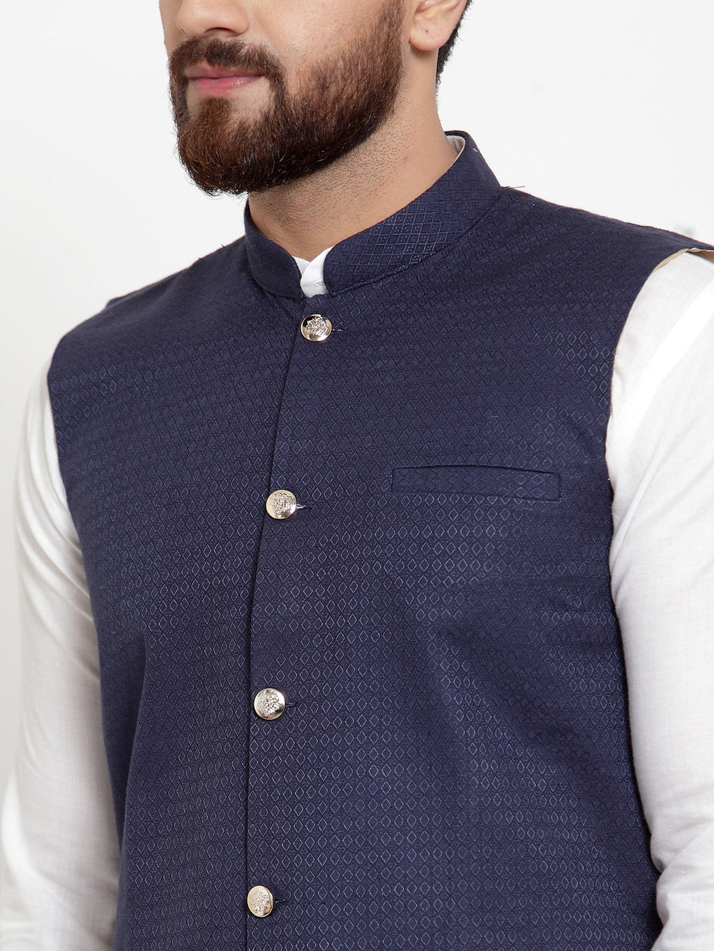 Jompers Men's Solid Cotton Kurta Pajama with Woven Jacquard Waistcoat (Navy) - Distacart