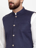 Jompers Men's Solid Cotton Kurta Pajama with Woven Jacquard Waistcoat (Navy) - Distacart