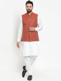 Jompers Men's Solid Cotton Kurta Pajama with Woven Jacquard Waistcoat (Red) - Distacart