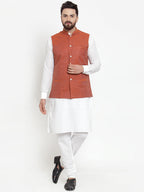 Jompers Men's Solid Cotton Kurta Pajama with Woven Jacquard Waistcoat (Red) - Distacart