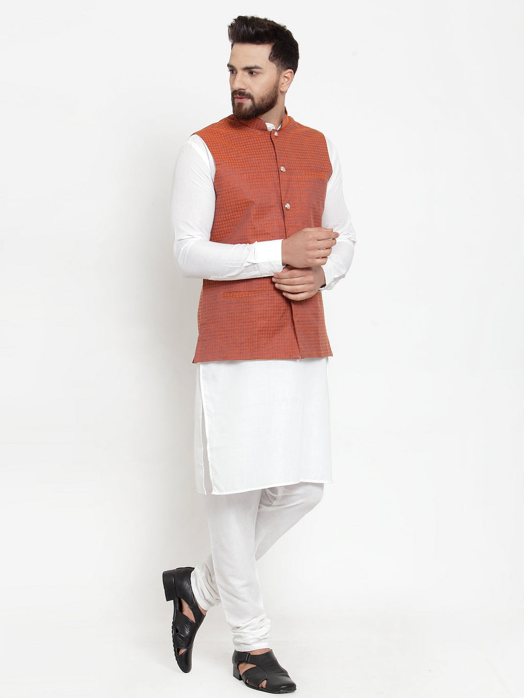 Jompers Men's Solid Cotton Kurta Pajama with Woven Jacquard Waistcoat (Red) - Distacart