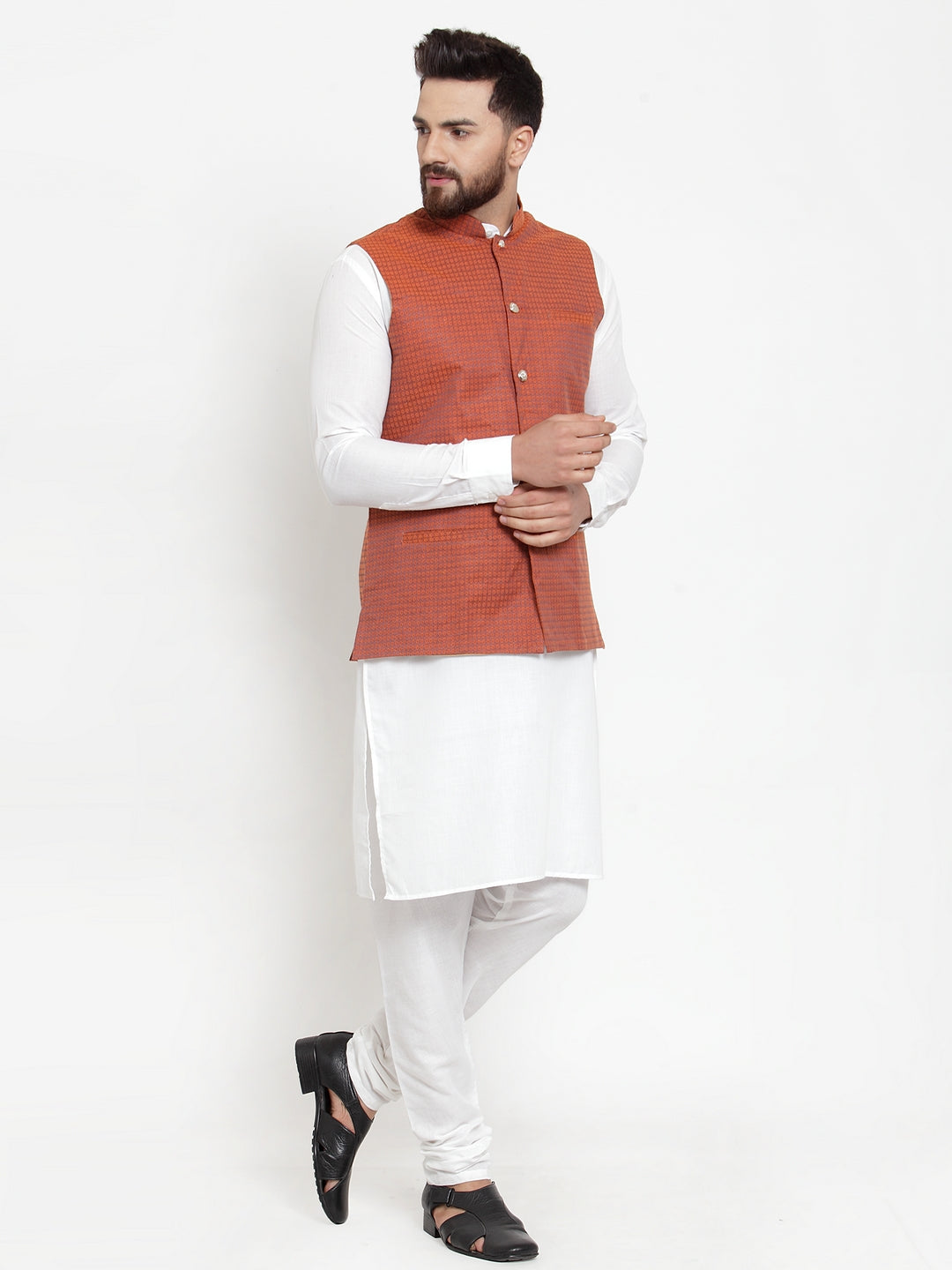 Jompers Men's Solid Cotton Kurta Pajama with Woven Jacquard Waistcoat (Red) - Distacart