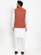 Jompers Men's Solid Cotton Kurta Pajama with Woven Jacquard Waistcoat (Red) - Distacart