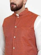 Jompers Men's Solid Cotton Kurta Pajama with Woven Jacquard Waistcoat (Red) - Distacart
