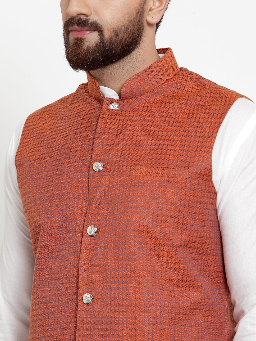 Jompers Men's Solid Cotton Kurta Pajama with Woven Jacquard Waistcoat (Red) - Distacart