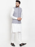Jompers Men's Solid Cotton Kurta Pajama with Woven Jacquard Waistcoat (Steel-Blue)