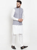 Jompers Men's Solid Cotton Kurta Pajama with Woven Jacquard Waistcoat (Steel-Blue)