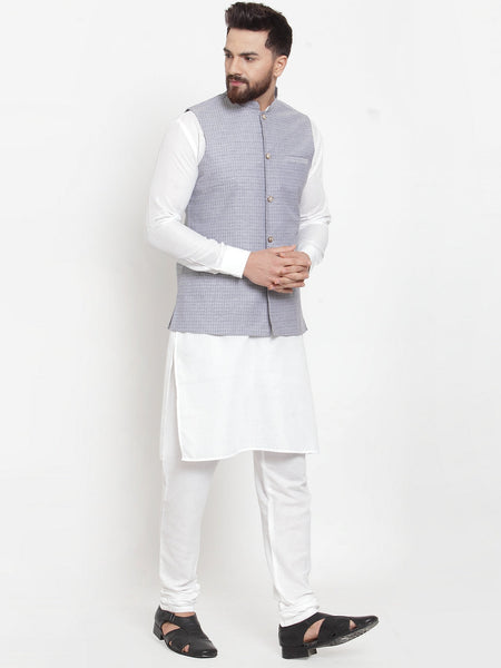Jompers Men's Solid Cotton Kurta Pajama with Woven Jacquard Waistcoat (Steel-Blue)