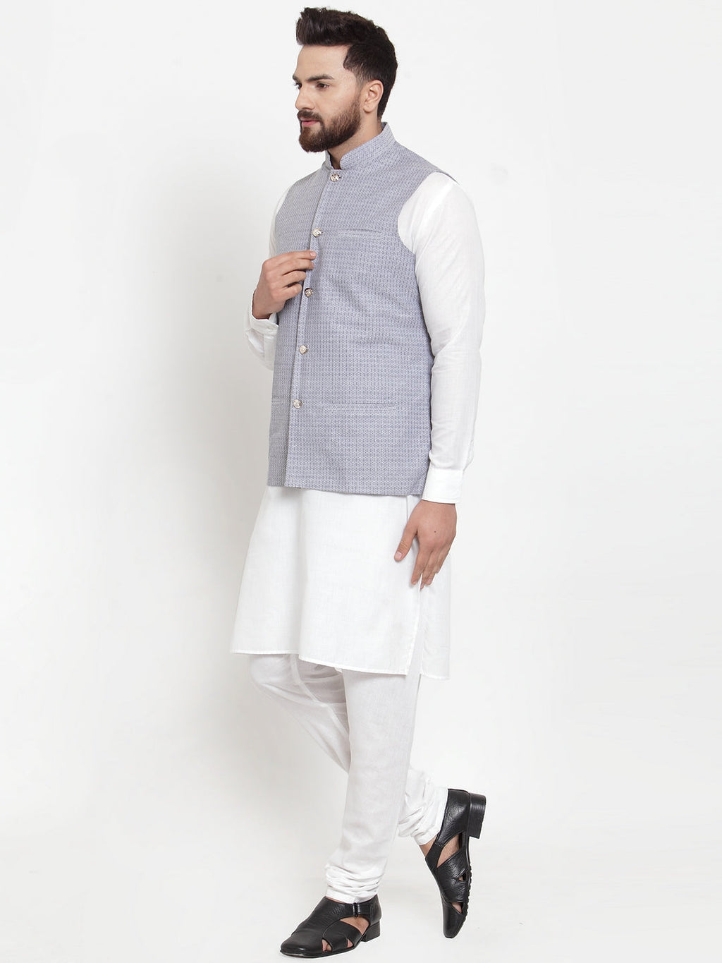 Jompers Men's Solid Cotton Kurta Pajama with Woven Jacquard Waistcoat (Steel-Blue)
